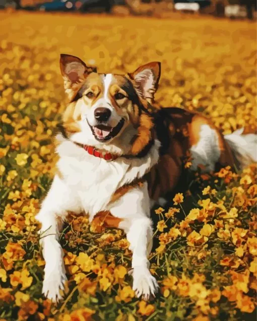 Happy Border Collie In Yellow Flowers Diamond Painting