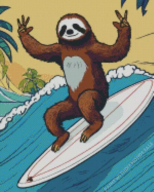 Happy Sloth Riding Surfboard Diamond Painting