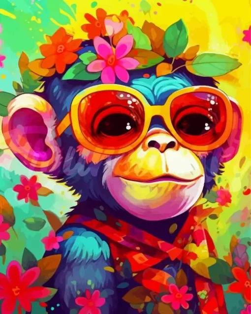 Monkey With Colorful Flowers Diamond Painting