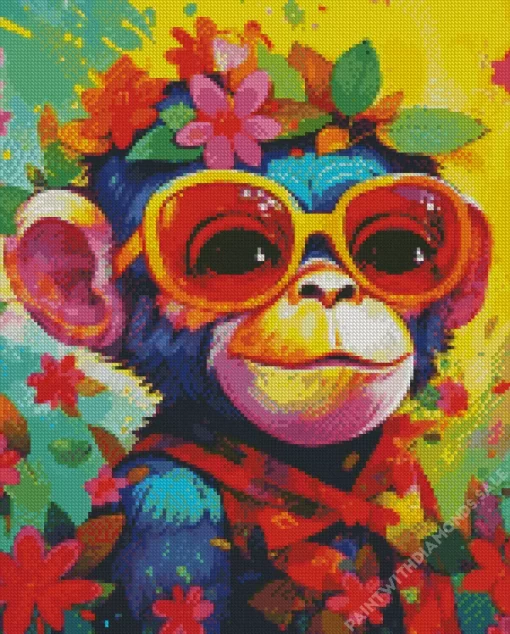 Monkey With Colorful Flowers Diamond Painting