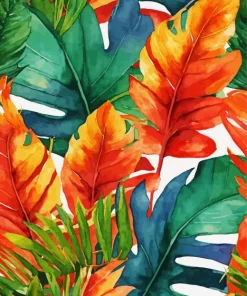 Orange And Green Monstera Diamond Painting