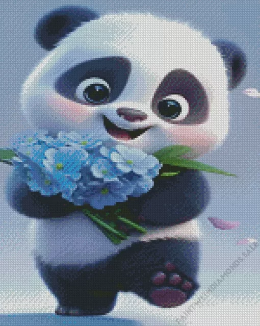 Panda With Blue Flowers Diamond Painting