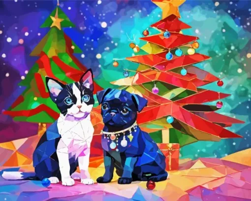 Pug Celebrating Christmas With at Diamond Painting