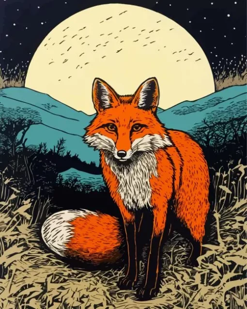 Red Fox With Full Moon Diamond Painting