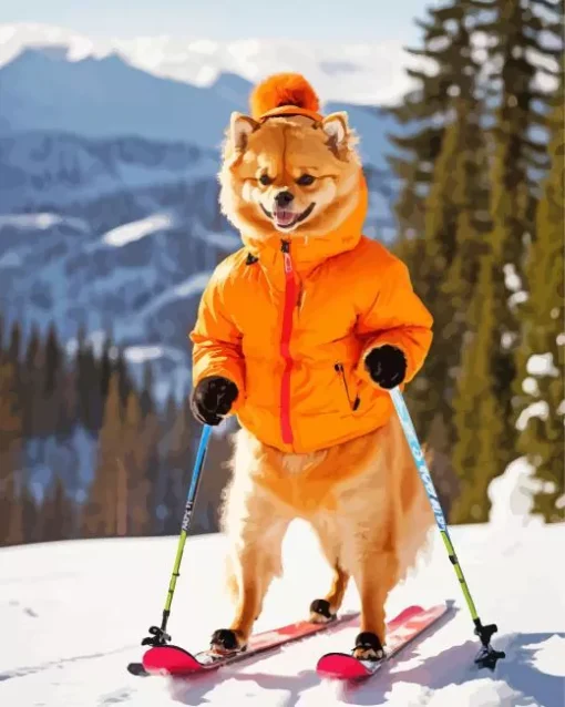 Skiing Pomeranian Diamond Painting