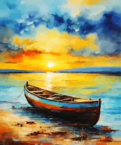 Sunset Boat On Beach Diamond Painting