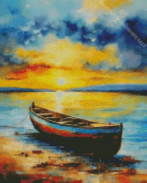 Sunset Boat On Beach Diamond Painting