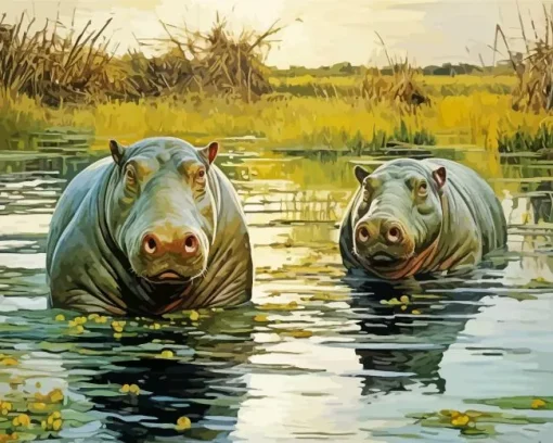 Two Hippos Swimming Diamond Painting