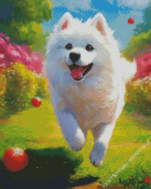 White Samoyed Dog Playing With A Ball Diamond Painting