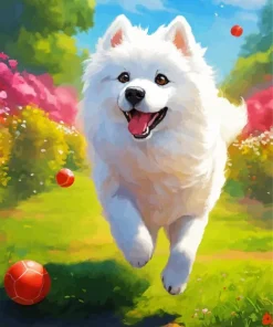 White Samoyed Dog Playing With A Ball Diamond Painting