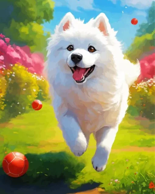 White Samoyed Dog Playing With A Ball Diamond Painting