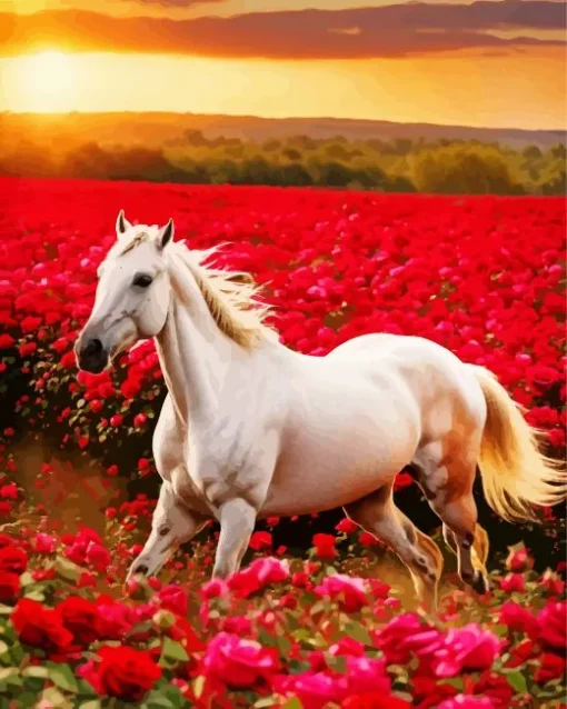 White Horse In Flowers Field Diamond Painting