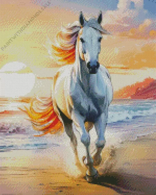 White Horse Running On The Beach At Sunset Diamond Painting