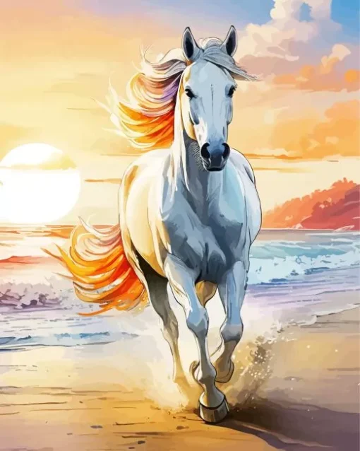 White Horse Running On The Beach At Sunset Diamond Painting