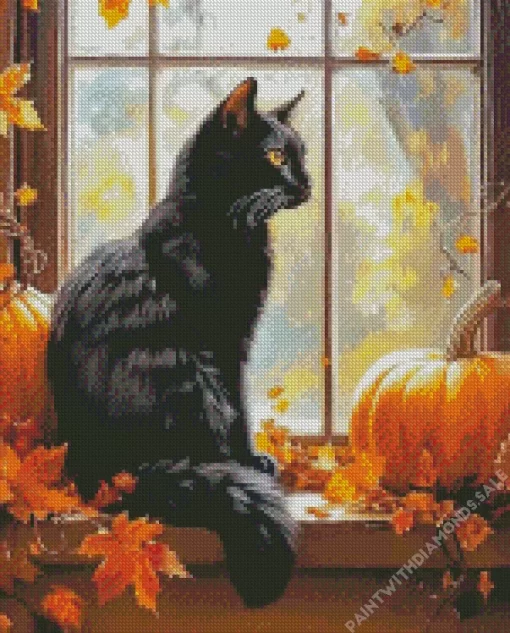 Window Halloween Black Cat Diamond Painting