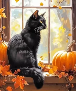 Window Halloween Black Cat Diamond Painting