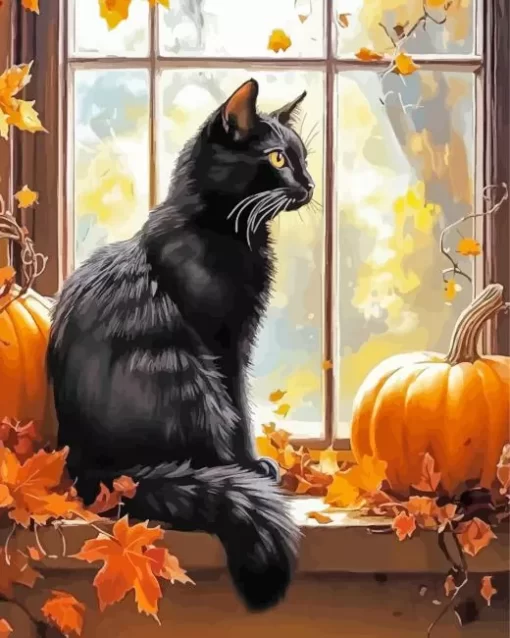 Window Halloween Black Cat Diamond Painting