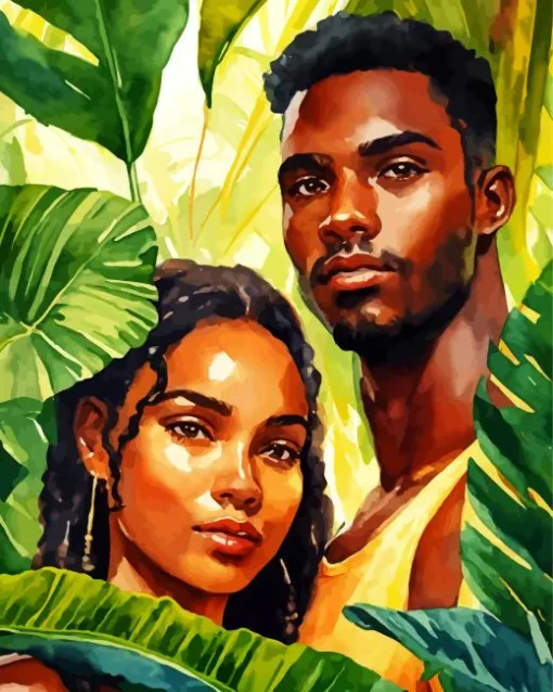 Young Couple In Monstera Leaves Diamond Painting