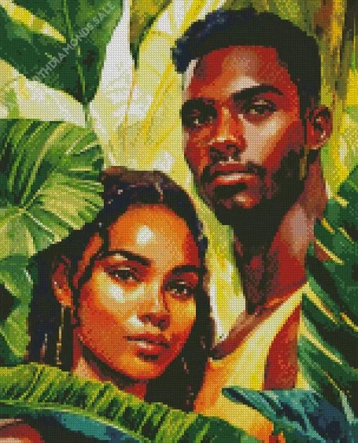 Young Couple In Monstera Leaves Diamond Painting