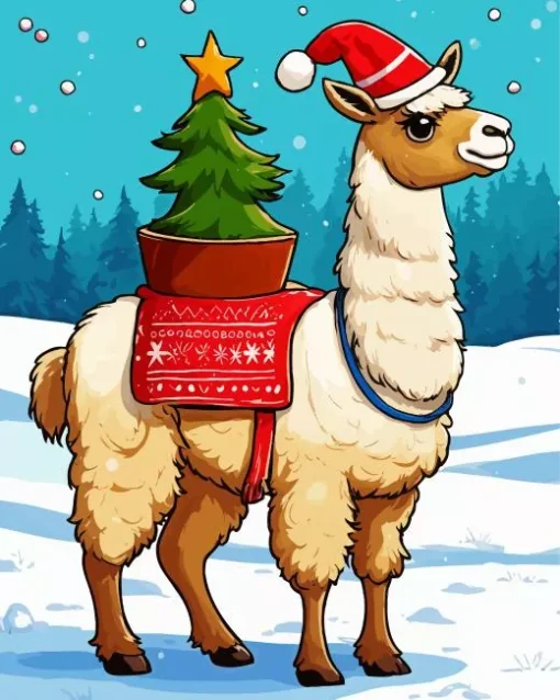 Alpaca With Christmas Tree Diamond Painting