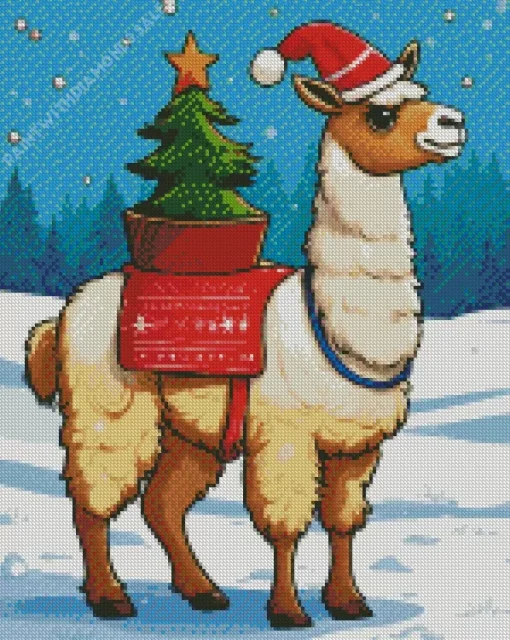 Alpaca With Christmas Tree Diamond Painting