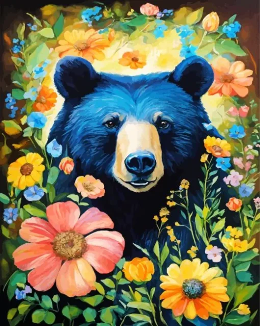 American Black Bear And Flowers Diamond Painting