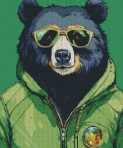 American Black Bear In A Green Hoodie Diamond Painting