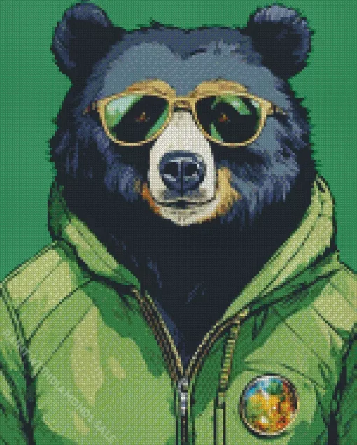 American Black Bear In A Green Hoodie Diamond Painting