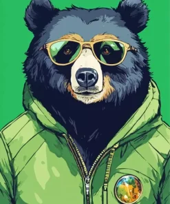 American Black Bear In A Green Hoodie Diamond Painting