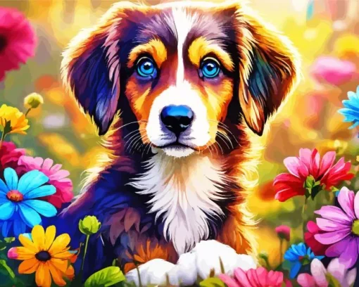 Australian Shepherd With Flowers Diamond Painting