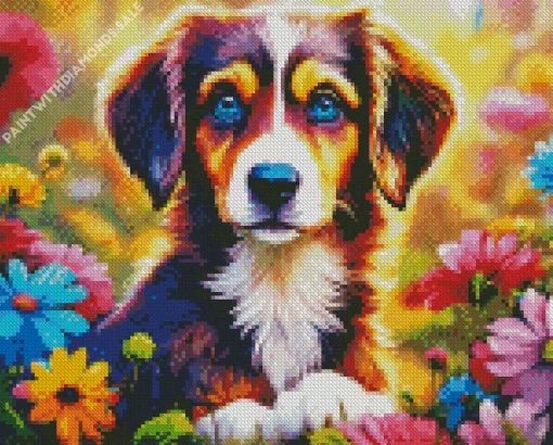 Australian Shepherd With Flowers Diamond Painting