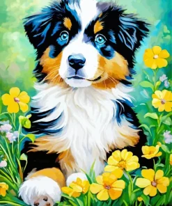 Australian Shepherd With Yellow Flowers Diamond Painting