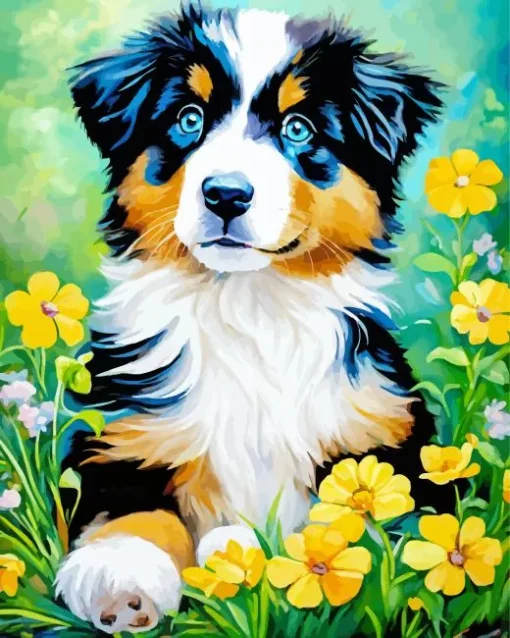 Australian Shepherd With Yellow Flowers Diamond Painting