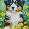 Australian Shepherd With Yellow Flowers Diamond Painting