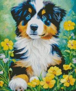 Australian Shepherd With Yellow Flowers Diamond Painting