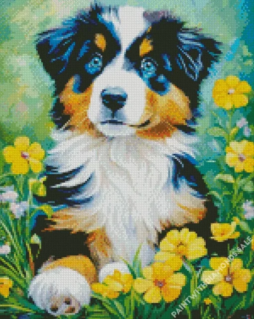 Australian Shepherd With Yellow Flowers Diamond Painting