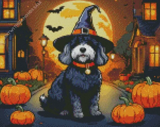 Bernedoodle With Witch Hat Diamond Painting