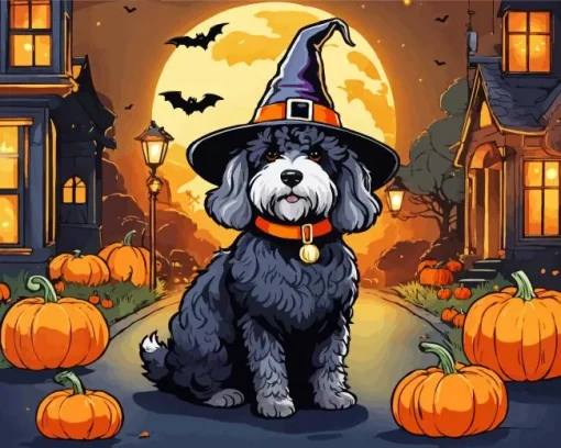 Bernedoodle With Witch Hat Diamond Painting