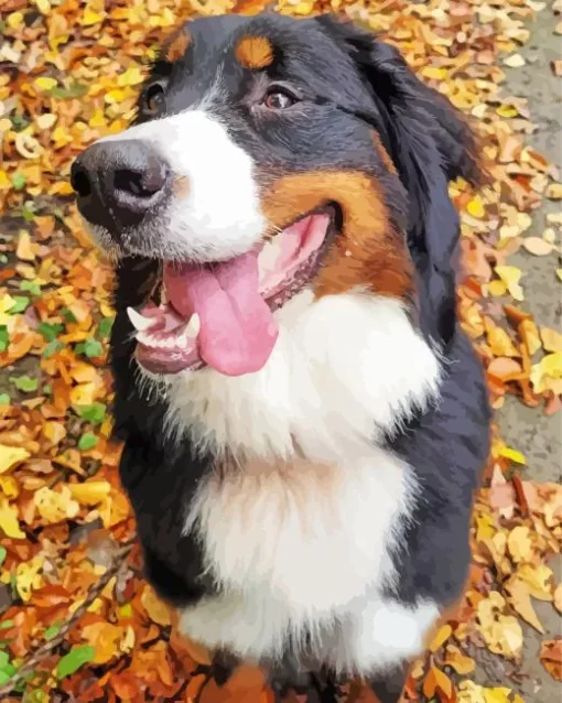 Bernese Mountain Dog With Autmn Leaves Diamond Painting