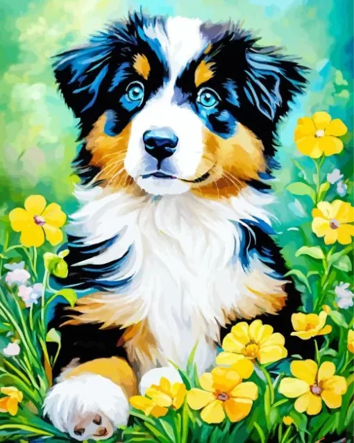 Bernese Mountain Puppy With Yellow Flowers Diamond Painting