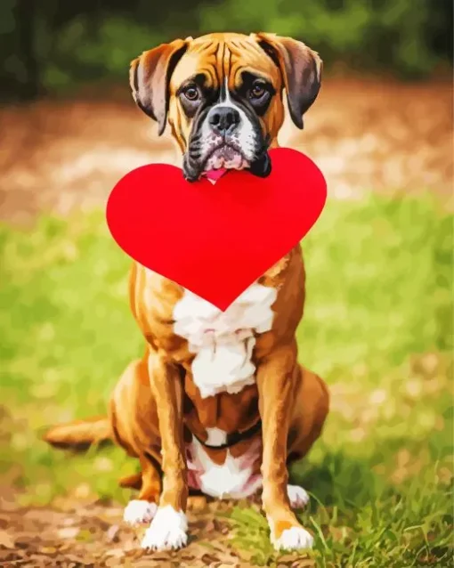 Boxer Dog With Red Heart Diamond Painting