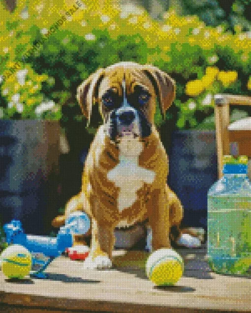 Boxer Dog With Tennis Balls Diamond Painting