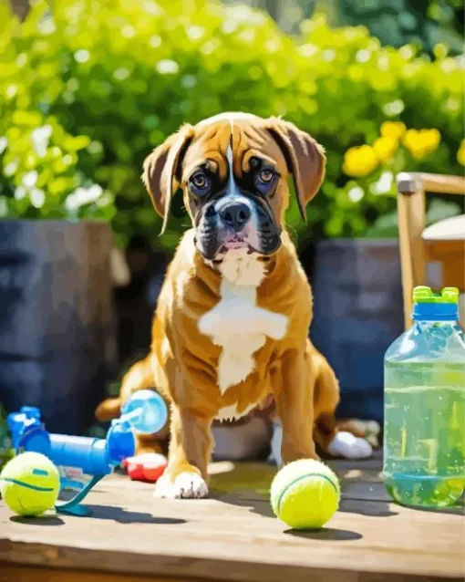 Boxer Dog With Tennis Balls Diamond Painting