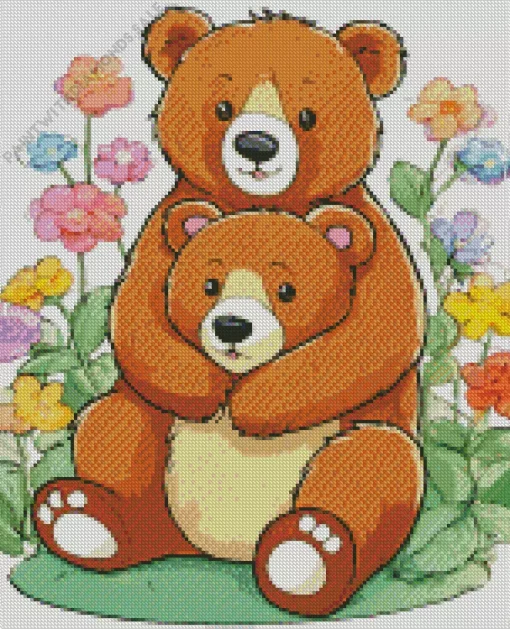 Brown Bears With Flowers Diamond Painting