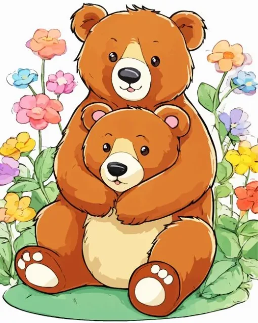 Brown Bears With Flowers Diamond Painting