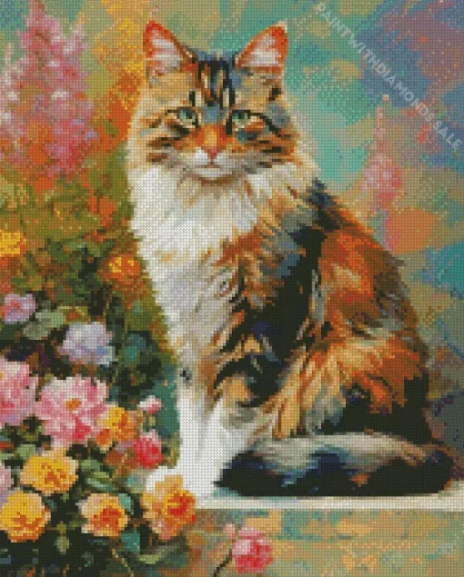 Calico Cat With Flowers Diamond Painting