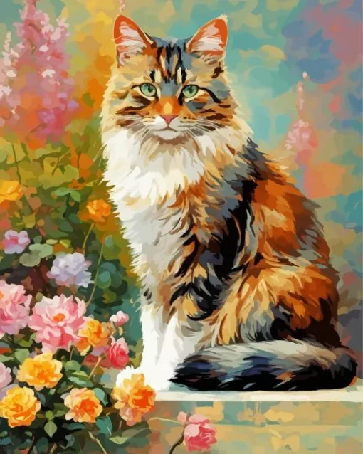 Calico Cat With Flowers Diamond Painting