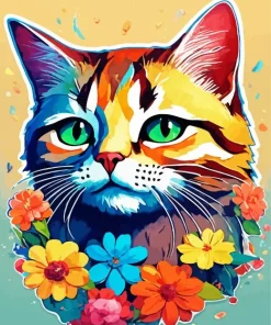 Calico Cat With Flowers Diamond Painting