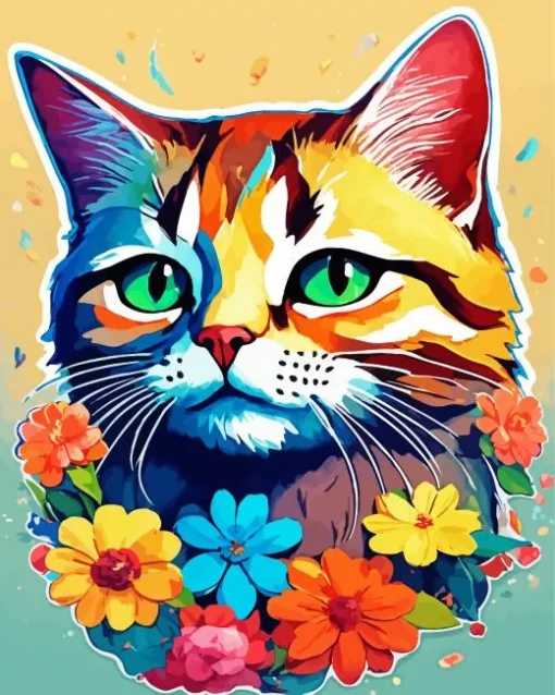 Calico Cat With Flowers Diamond Painting