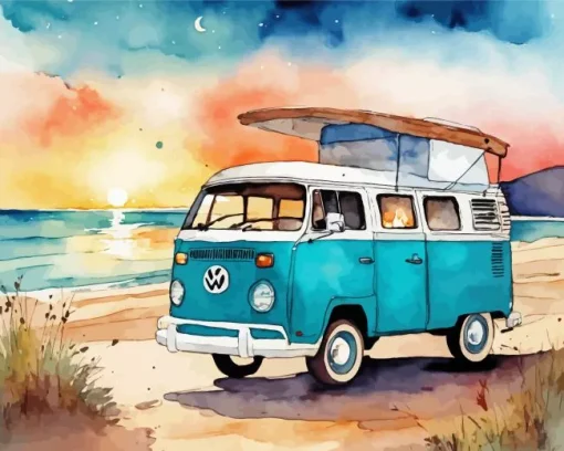 Camper Van By The Beach Diamond Painting